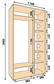 Шафа-купе 1100х450х2400, 2 двері (Алекса)