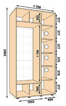 Шафа-купе 1700*450*2400, 2 двері (Алекса)