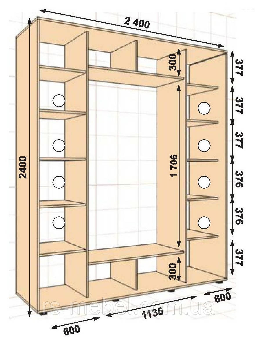 Шафа-купе 2400х450х2400, 3 двері (Алекса)