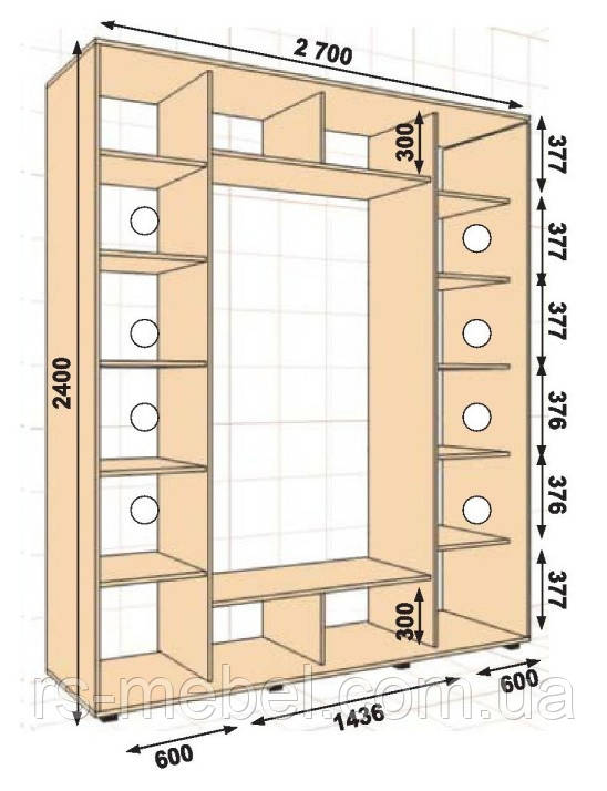 Шафа-купе 2700х600х2400, 3 двері (Алекса), фото 1