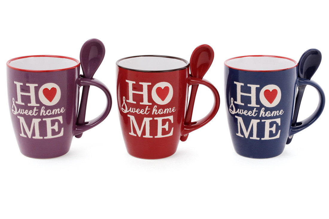 Кухоль керамічний Sweet Home 330мл з ложкою, 3 дизайни - 12 шт УПАКОВКА ТОВАР ВІД ВИРОБНИКА