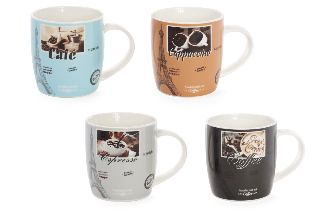 Кухоль порцеляновий 375мл Французька кава, 4 дизайни - 12 шт УПАКОВКА ТОВАР ВІД ВИРОБНИКА