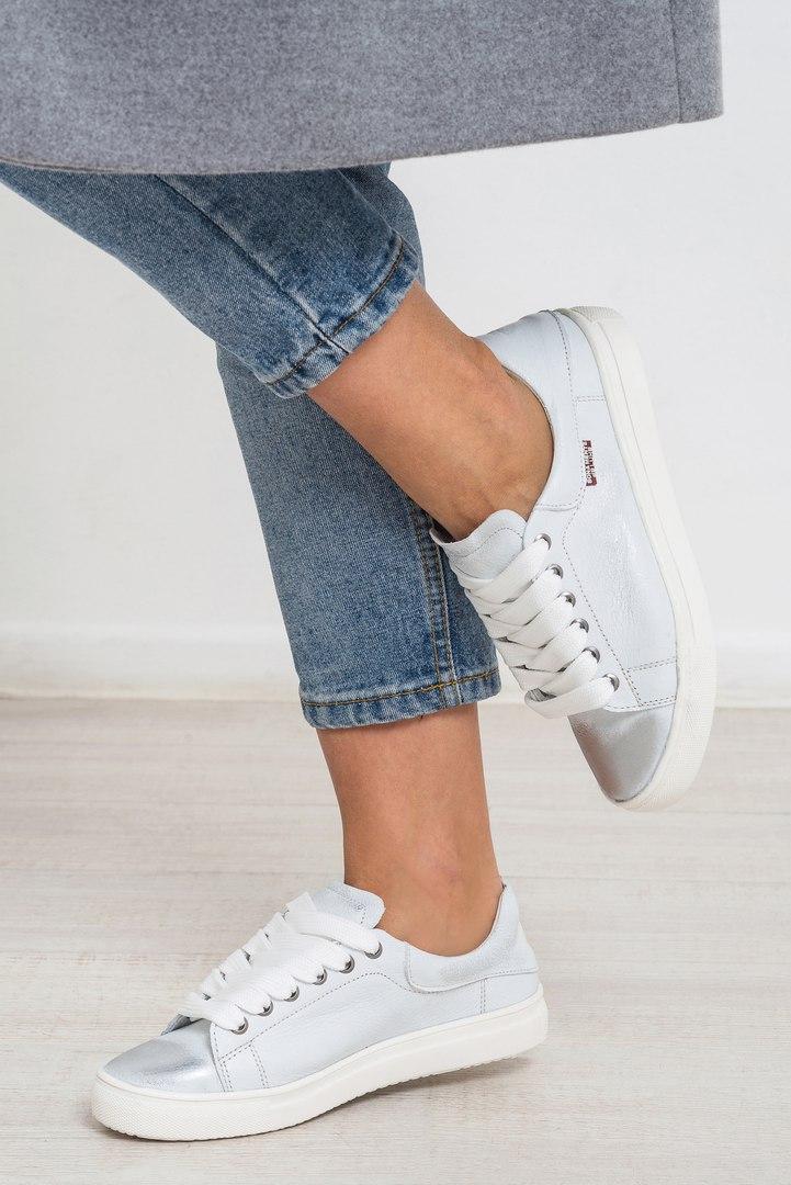 Жіночі білі шкіряні кеди зі сріблястим напиленням SILVER, фото 1