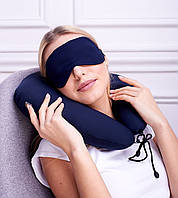 Подушка для подорожей під голову EKKOSEAT.COM з маскою. Бінарна з оксамитової вставкою для шиї. Асорті.