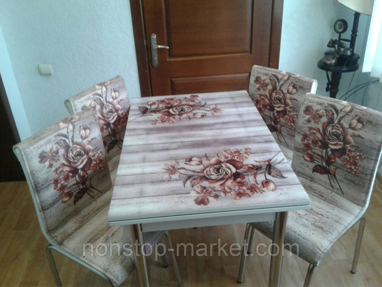 Розкладний стіл обідній кухонний комплект стіл і стільці 3D малюнок 3д "Троянда карамель" ДСП скло 70*110 Mobilgen 989