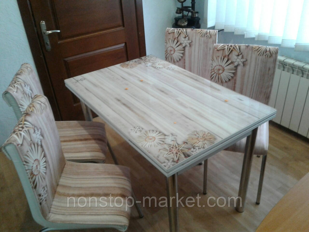 Розкладний стіл обідній кухонний комплект стіл і стільці 3D малюнок 3д "Зірка" ДСП скло 70*110 Mobilgen 985