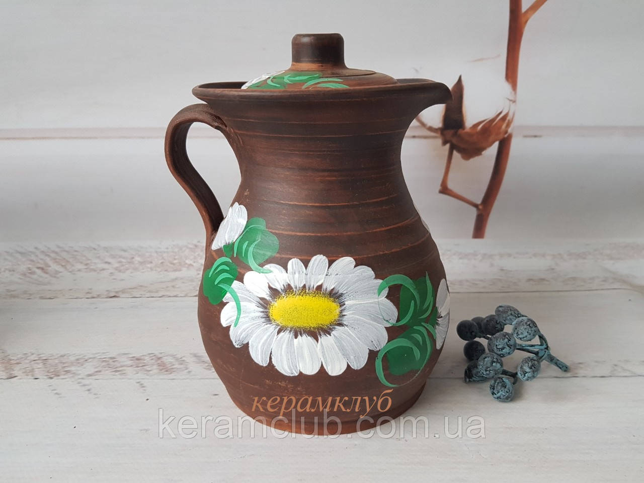Гончарний глечик 1,5 л із червоної глини з глазур'ю рисований