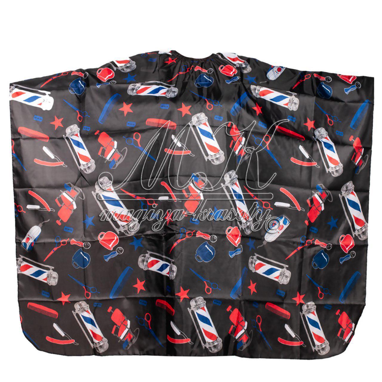 Пеньюар перукарський "Barber", чорний із різнобарвним перукарським приладдям