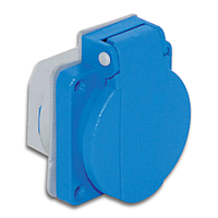 Розетка врізна фланцева приладова щитова з заземленням 2P+E захист IP54 c ущільнювальної гумкою і кришкою синього кольору, 50х50