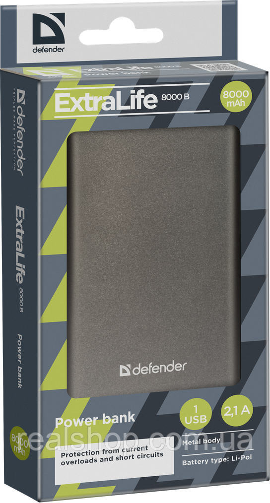 Зовнішній акумулятор Defender ExtraLife 8000B Li-pol, 1 USB, 8000 mAh, 2.1A, Power Bank УМБ