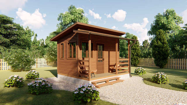 Садовий каркасно-щитовий будинок 4х3,4 м з верандою в скандинавському стилі фото