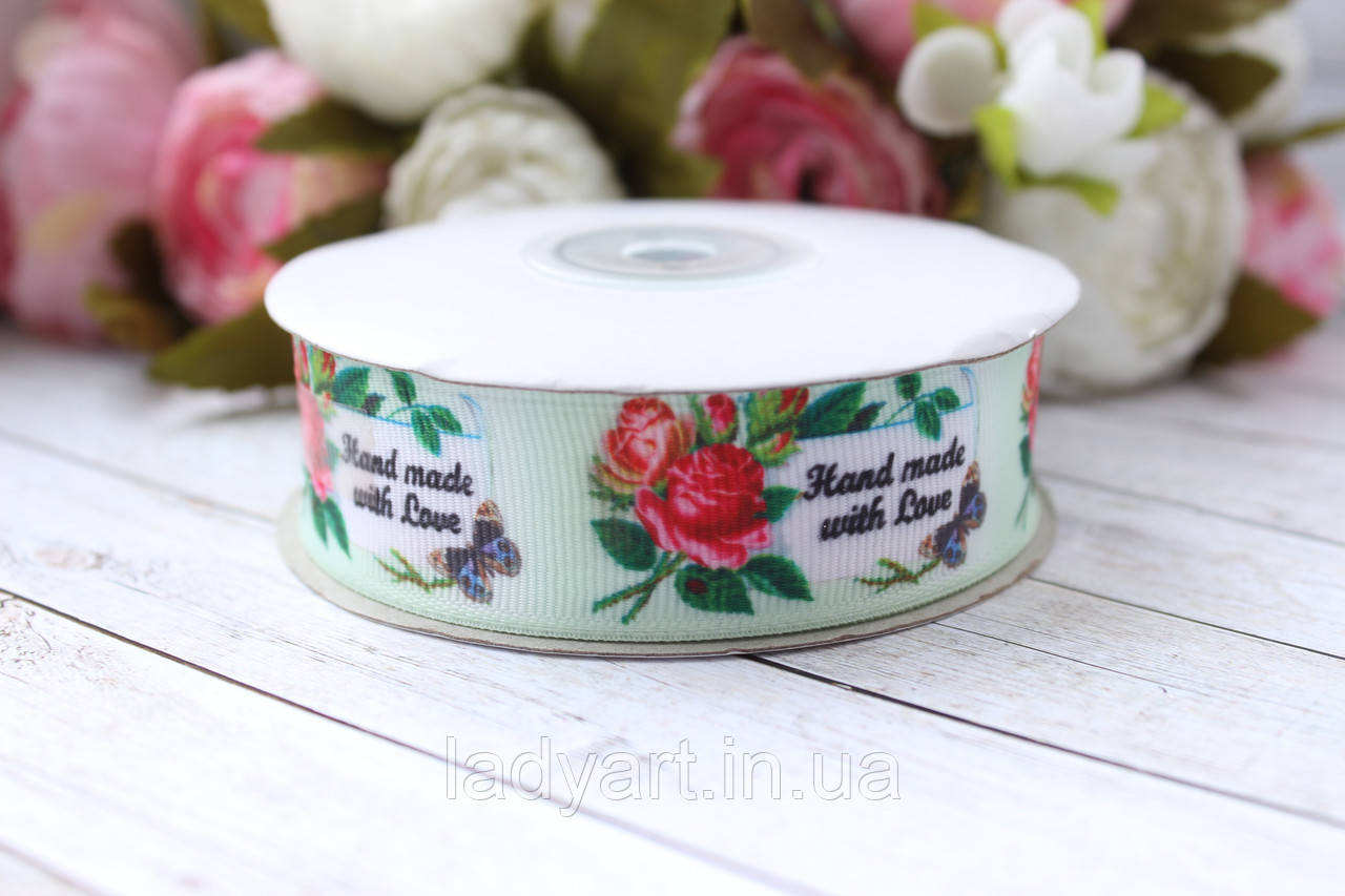 Репсова стрічка з малюнком 2.5 см "hand made з трояндами" , 25 ярд, оптом, фото 1