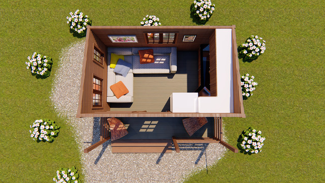 Садовий каркасно-щитовий будинок 4х3,4 м з верандою в скандинавському стилі