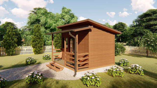 Садовий каркасно-щитовий будинок 4х3,4 м з верандою в скандинавському стилі фото