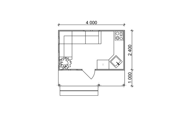 Садовий каркасно-щитовий будинок 4х3,4 м з верандою в скандинавському стилі план