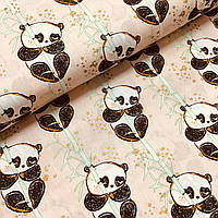Ткань польская хлопковая панды на бамбуке с золотом (глиттером) на пудровом (0153)