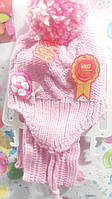 Шапка з шарфом дитяча на зав'язках для дівчинки рожева, 42-44 розмір.