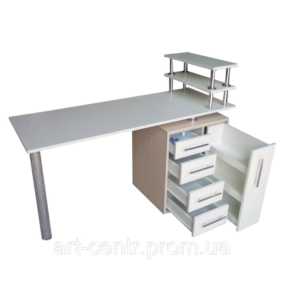 Манікюрний стіл з вбудованим УФ блоком, стіл манікюрний з ящиком "карго" та поличками для лаків