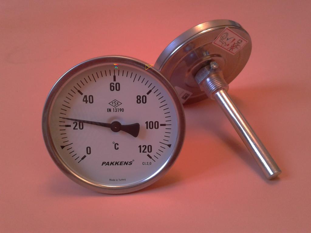 Термометр біметалевий PAKKENS Ø 100 мм від 0 до 120 градусів, трубка-капіляр 10 см із різзю 1/2" Туреччина