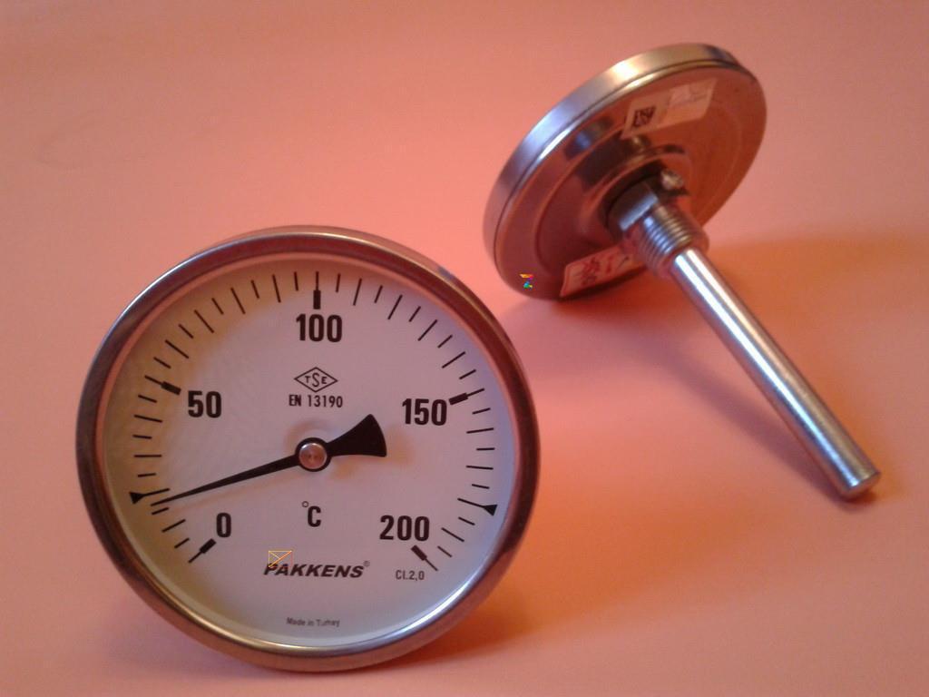 Термометр біметалевий PAKKENS Ø 100 мм від 0 до 200 градусів, трубка-капіляр 10 см із різзю 1/2" Туреччина