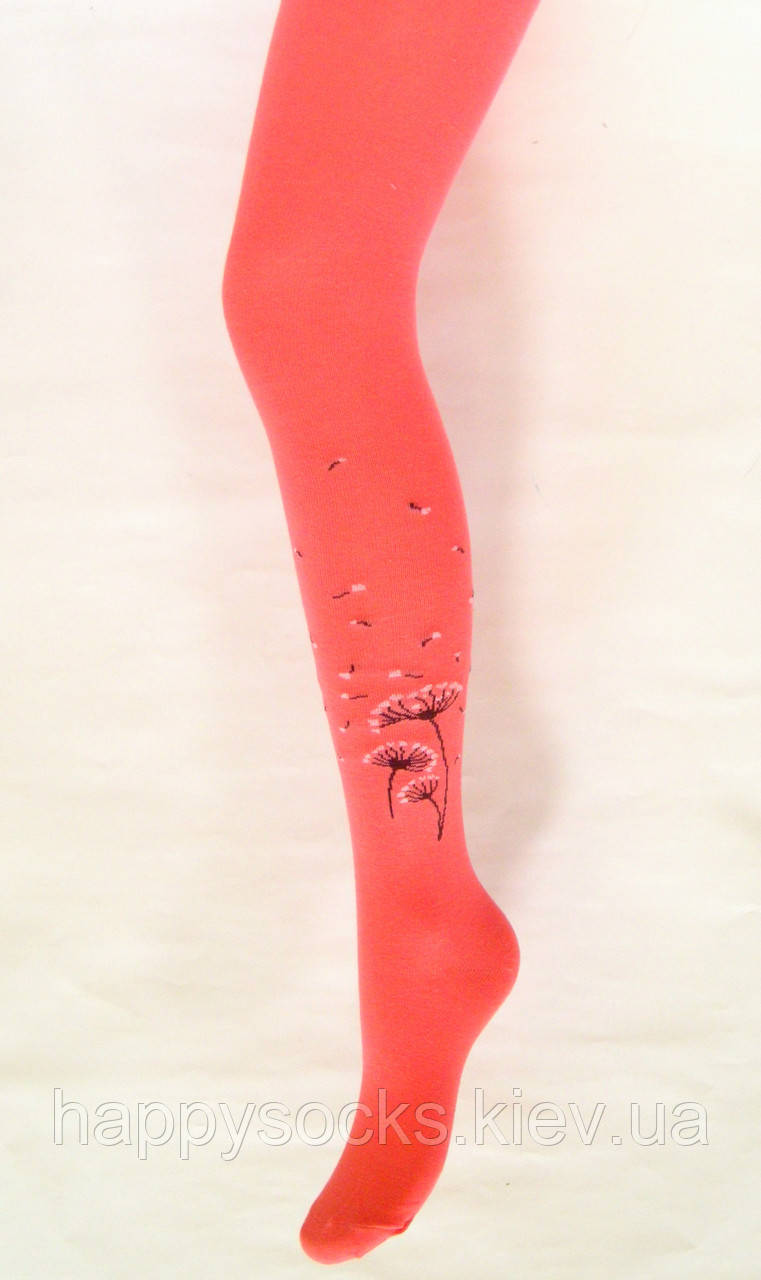 Колготки бавовняні однотонні коралового кольору з квіточкою
