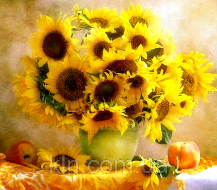 Алмазна вишивка на підрамнику Букет соняшників у вазі 30 х 30 см (арт. TN002), фото 1