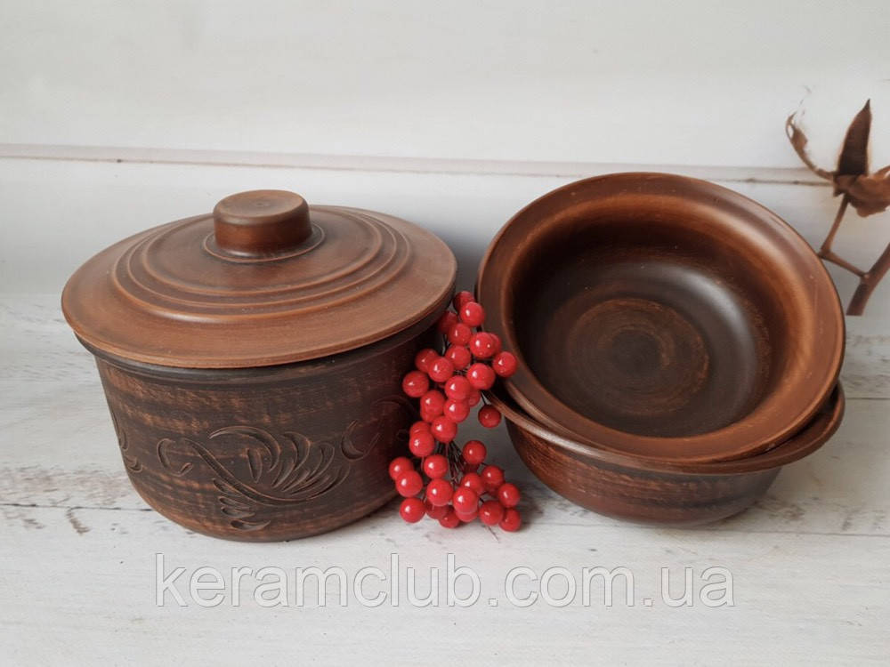 Набір із червоної глини Керамклуб каструля 1,7 і 2 тарілочки 600 мл, фото 1