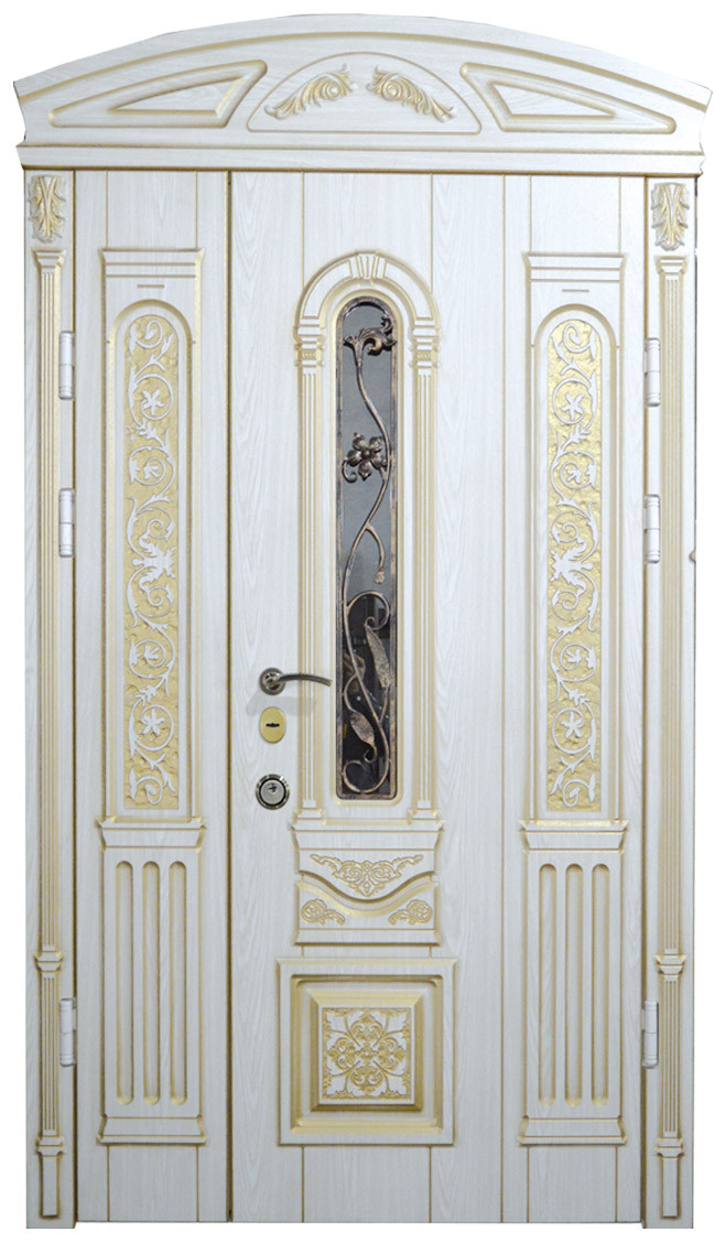 Двері вуличні, модель 2 Еліт VINORIT, білі з золотою патиною, куванням, склопакетом, 3D фрезерування