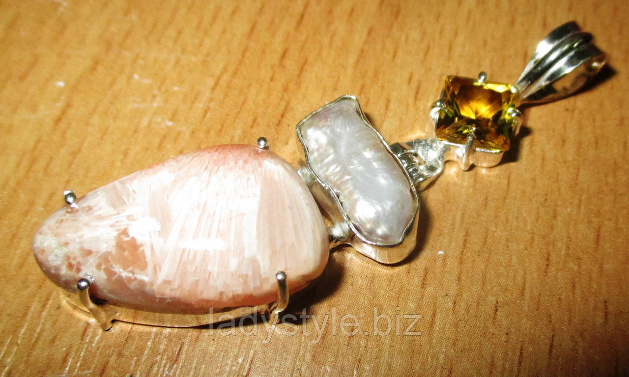 КУлон із рожевим скелецитом, перлами та цитрином, фото 1