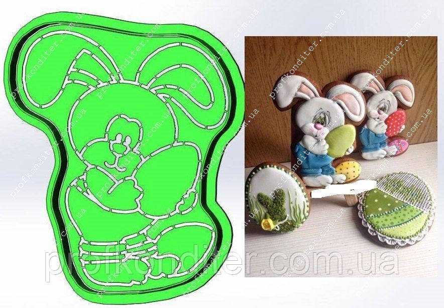 Набір Пластикова вирубка + трофарет Заєць з яйцем на руках №1, фото 1