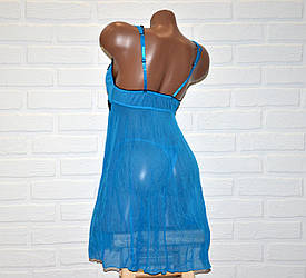 Блакитний комплект нічної жіночої білизни, сорочка пеньюар сітка та труси стрінги, розмір L 