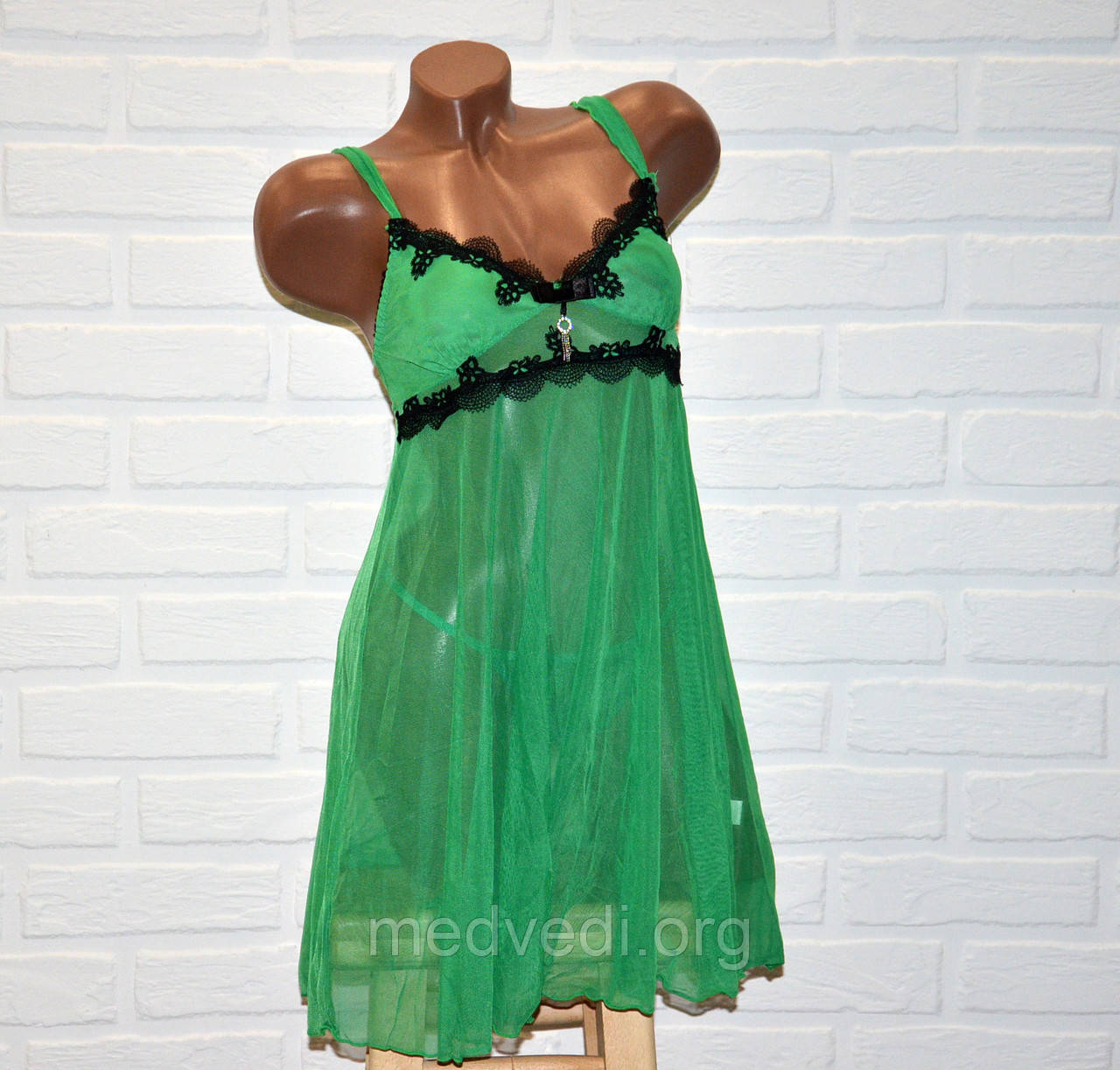 Зелений комплект нічної жіночої білизни, сексуальна сорочка пеньюар сітка та труси стринги, розмір L 
