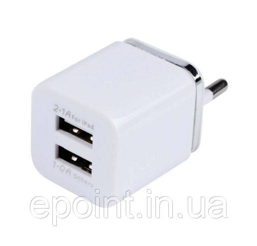 Надкомпактний зарядний пристрій, мережевий адаптер на 2 USB-порти 2.1 A/1.0A, білий колір
