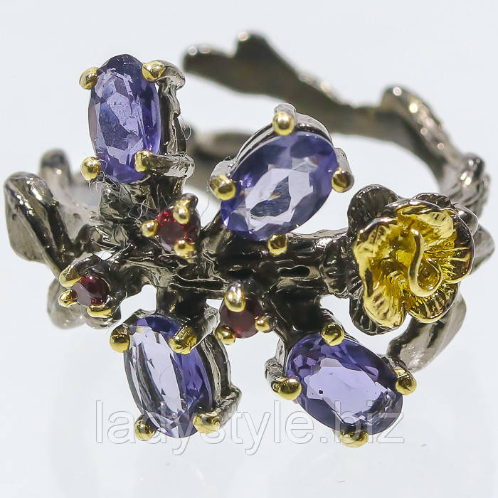 Оригінальний персень "Водний ірис" з іолітом і родоліт гранатом, фото 1