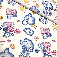Ситець із блакитними та рожевими слониками на хмарі, ширина 95 см