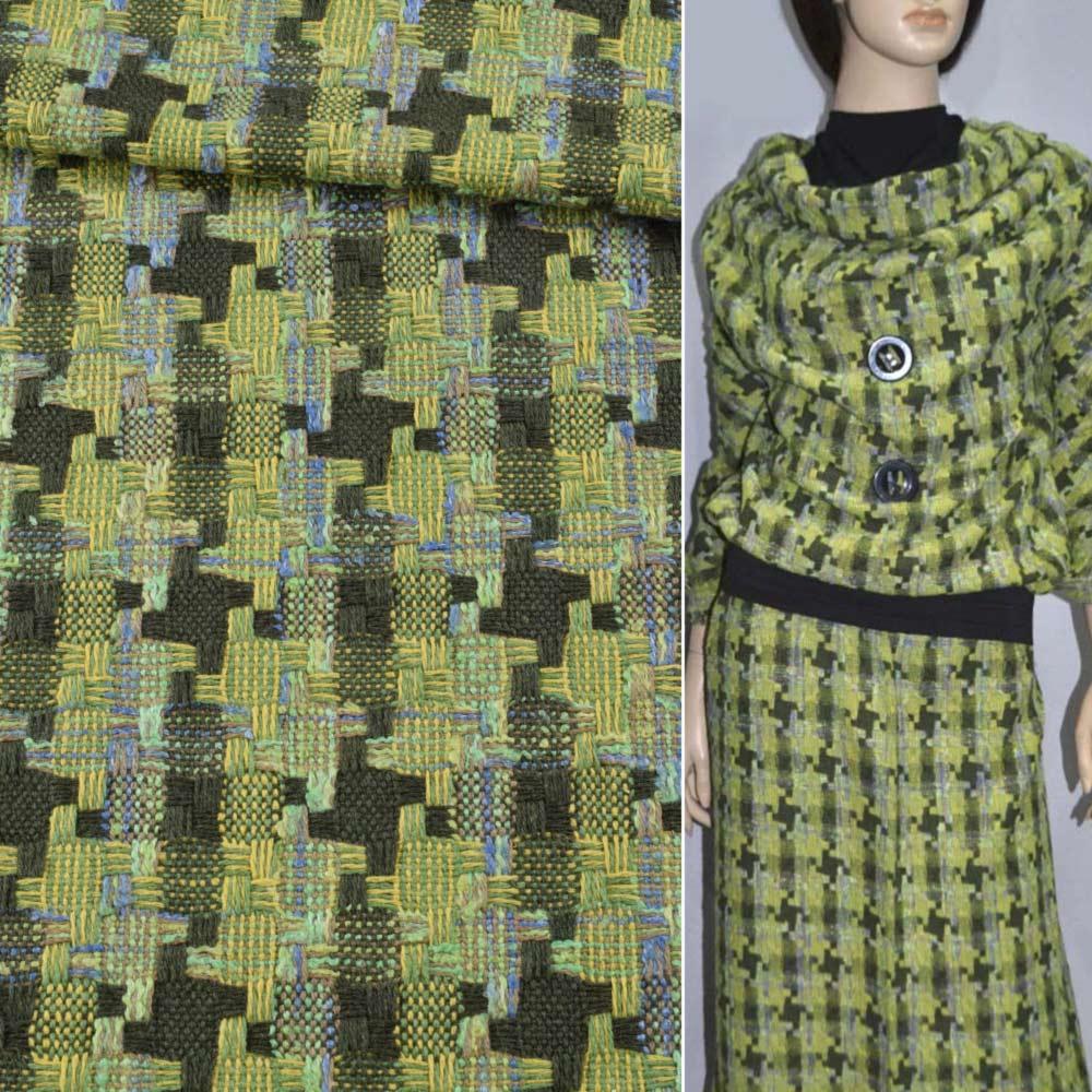 Рогожка костюмна гусяча лапка зелена з салатовим, ш.150