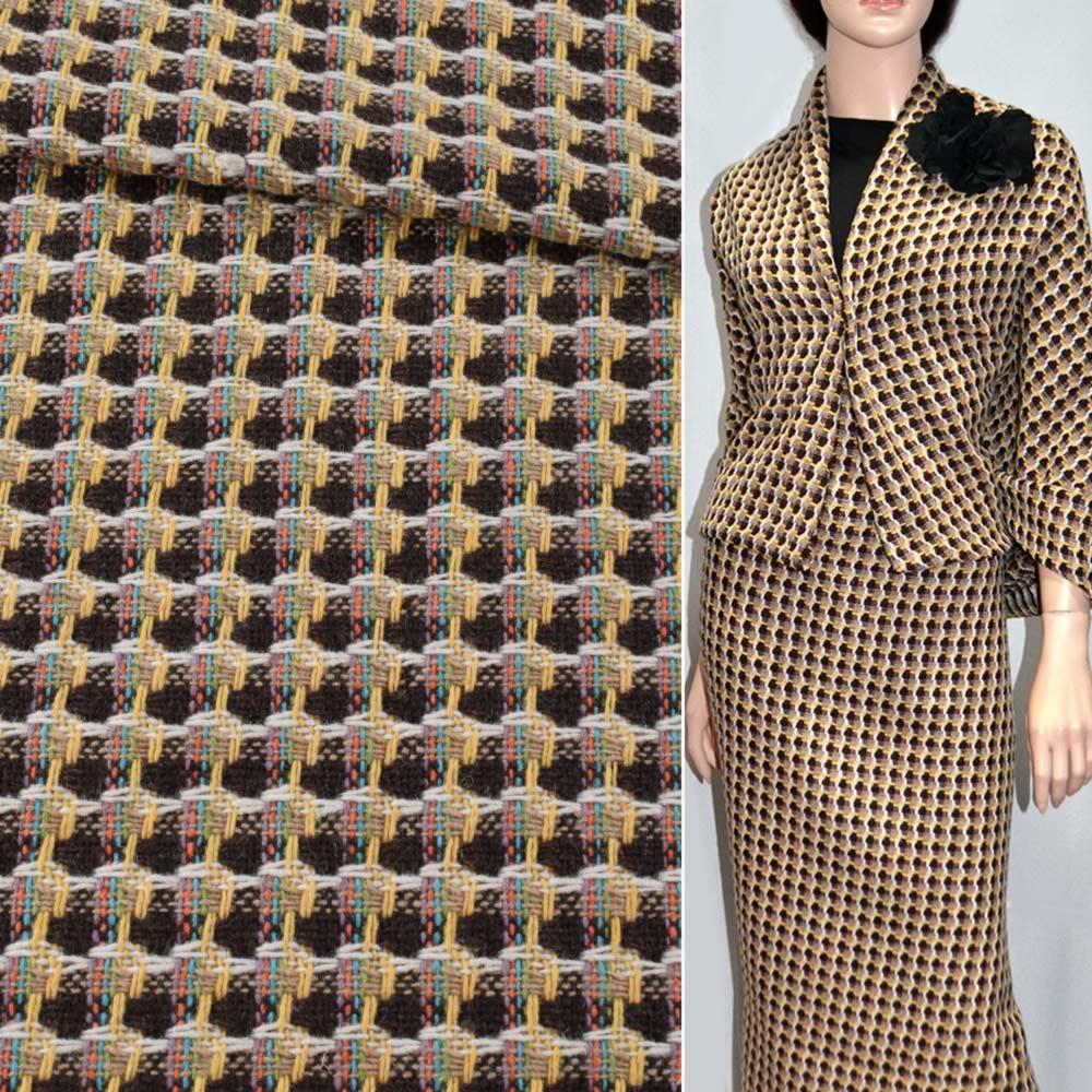 Рогожка костюмна смуги стільники біло-жовті на коричневому тлі, ш.150