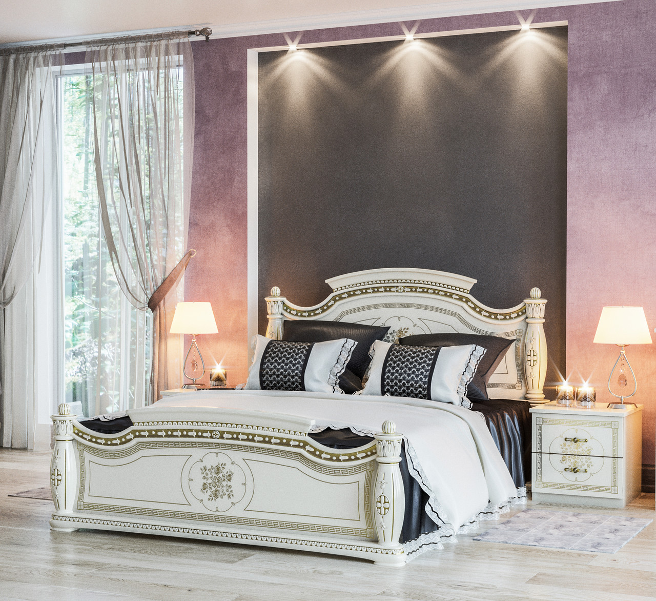 Класичне красиве королівське двоспальне ліжко біле з золотом 160х200 у спальню ЛДСП Жасмін Світ Меблів
