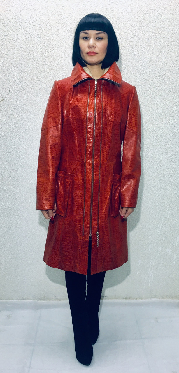 Пальто шкіряне натуральне жіноче ADAMO червоне кроко
