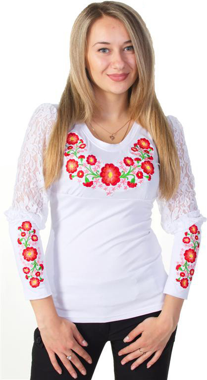Футболка вишита  біла з гіпюровими рукавами L