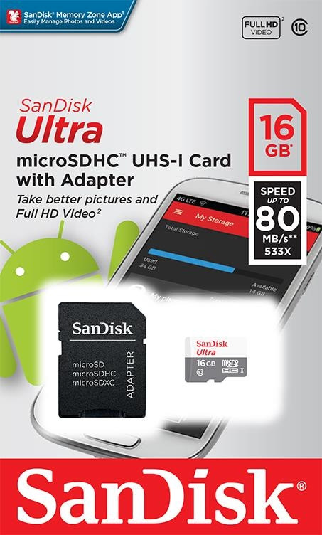 Картка пам'яті SanDisk 16 GB microSDHC C10 UHS-I R80MB/s Ultra + SD