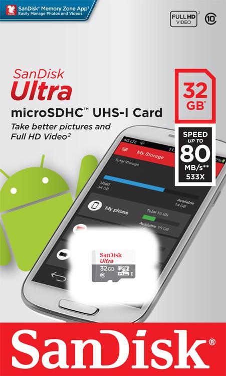 Картка пам'яті SanDisk 32GB microSDHC C10 UHS-I R80MB/s Ultra
