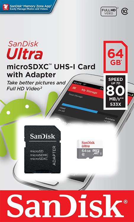 Картка пам'яті SanDisk 64 GB microSDXC C10 UHS-I R80MB/s Ultra + SD