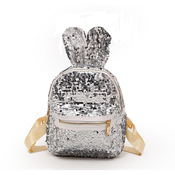 Новинка! Дитячий білий рюкзак зі сріблястими паєтками, з вушками, блискучий рюкзачок сумка