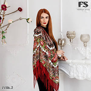 Бордова народна вовняна хустка Осіннє танго