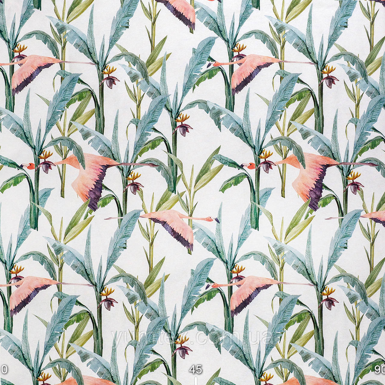 Ткань для штор, римских штор, скатертей и декора голубые растения и розовые фламинго на белом фоне - фото 1 - id-p894345453