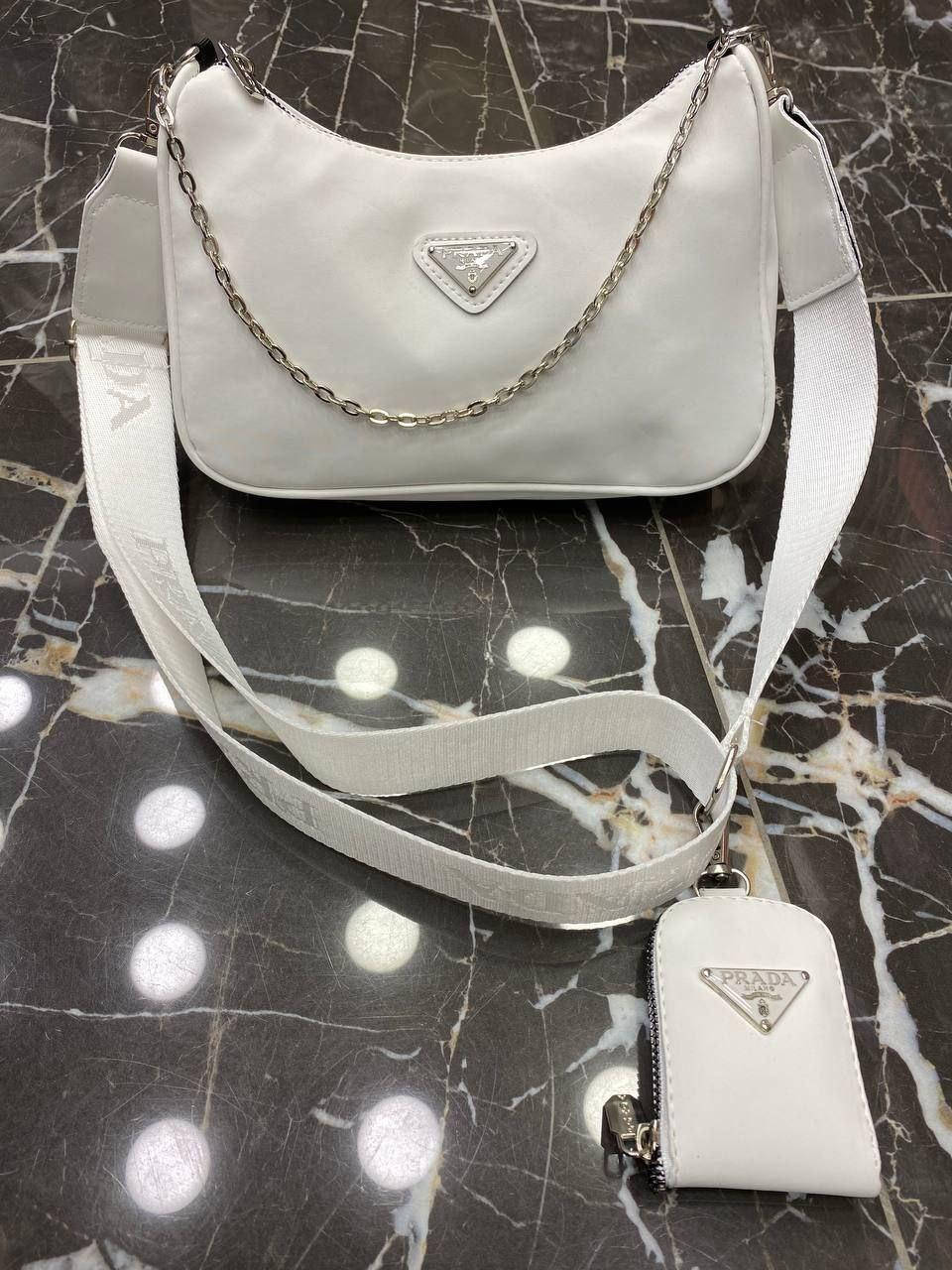 

Сумка белая нейлоновая женская PRADA 2в1 Сумка Прада Сумочка Клатч Кросс-боди, Белый