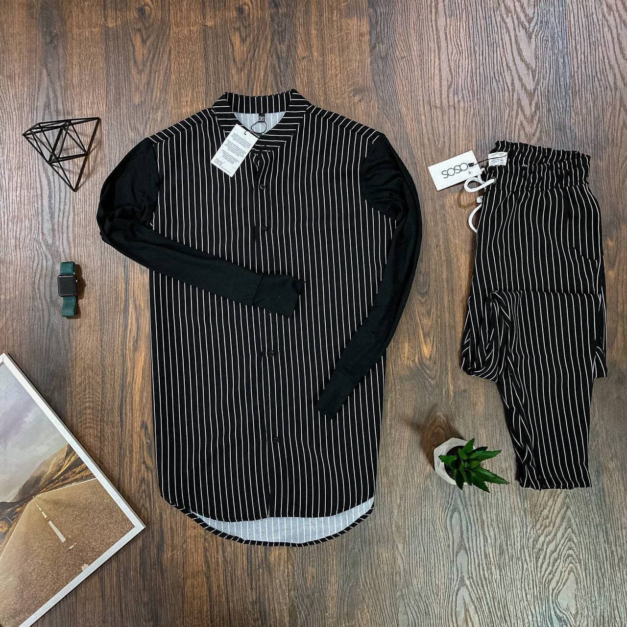 

Мужской комплект Asos черная в полоску рубашка + черные брюки в полоску, Черный