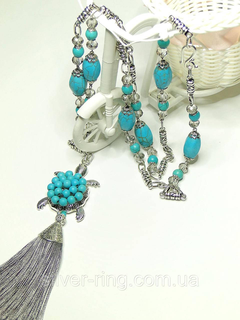Прикраса -трансформер з бірюзою, кулоном і пензликом, фото 1