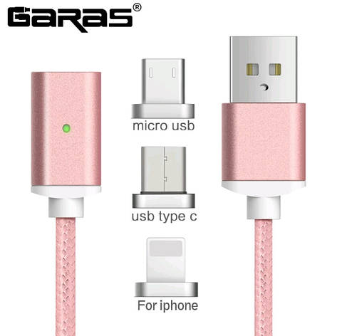 Garas магнітний кабель 3 в 1 MicroUSB / Type-C / Lightning рожевий, фото 2